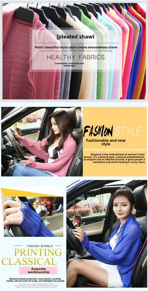 Summer Multi-functional Sunscreen Shawl Women's Long-sleeved Loose Light Breathable Anti-UV Pleated Chiffon Scarf Driving Sleeve