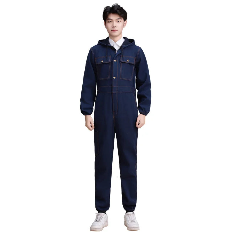 Thickened one-piece denim workwear, wear-resistant labor protection clothing, men's dust-proof auto repair crew clothing, workwe