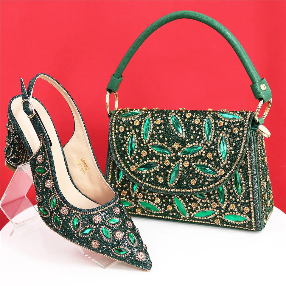 Elegant And Sexy Golden Color High Heels Shoes And Bag With Rhinestone Embellished Toe Is Comfortable Women's Shoes For Party