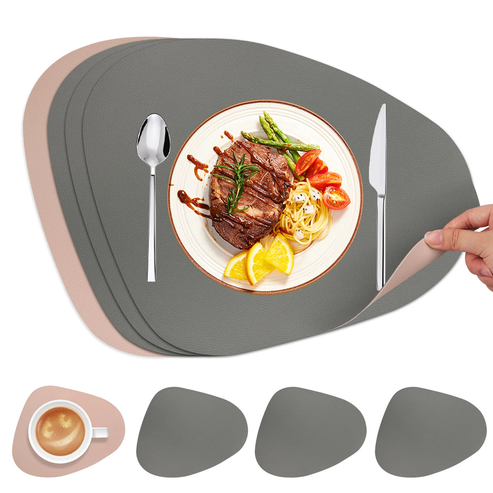Double Sided Anti Slip PU Pad Table Mat with Coaster Oil-Proof Waterproof Leather Placemat Kitchen Dinner Coffee Tables Mats