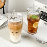 Large Capacity  Stripe Glass Coffee Cup With Lid Cover Straw Transparent Drinking Glasses For Juice Iced Coffee Mugs Drinkware