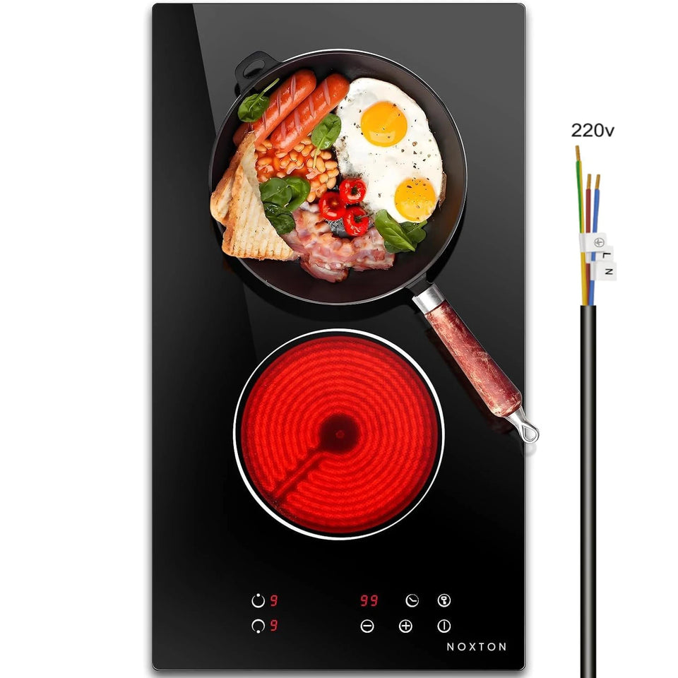 NOXTON Ceramic Hob, Built-in 2 Zone Electric Hobs 29 x 52cm Noise-free Auto Shut-off Safe Lock Heat Indicator Black Glass Panel