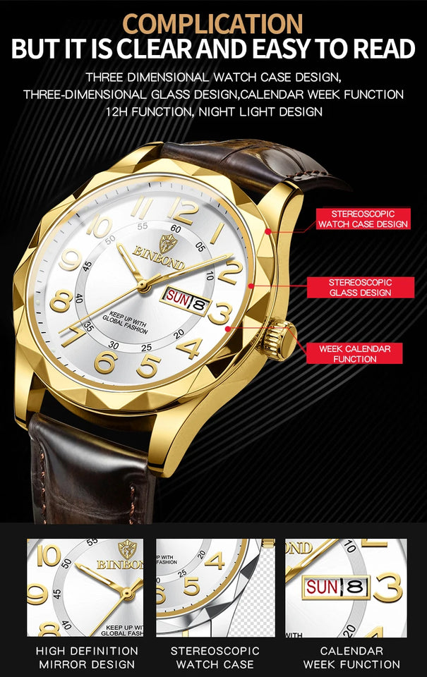 BINBOND New Fashion Mens Casual Sports Watches For Men Retro Big Dial Quartz Watches Classic Leather Business Men Watches B5663