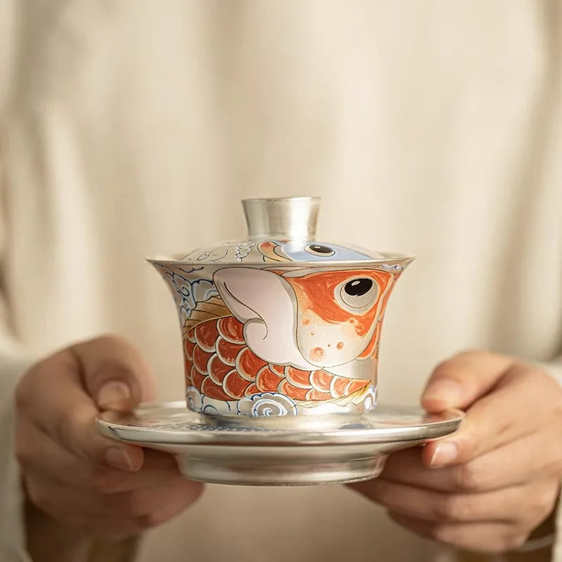 Tea set handmade silver three talents horseshoe covered bowl, Chinese dragon fish respect tea bowl, tea making bowl, tea cup for