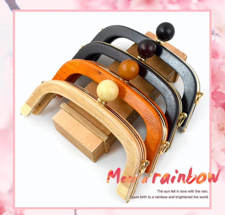 1Pc 20.5cm Wood Purse Frame Wooden Bead Bag Handles Metal Screws Wallet Closure Clip Kiss Clasp DIY Handmade Bags Accessories