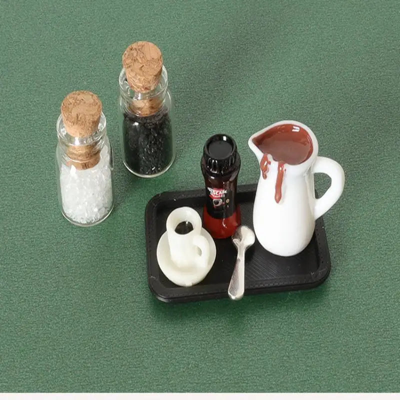 Handcrafted 7Pcs Miniature Dollhouse Coffee Cup Scene Model with Tray Plate, Perfect for Desktop Decoration