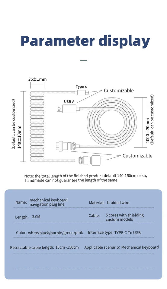 3M Type C Mechanical Keyboard Coiled Cable USB Keyboard Wire Mechanical Keyboard Aviator Desktop Computer Aviation Connector