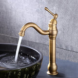 Antique Brass Basin Faucet Deck Mounted Single Handle Bathroom Accessories Crane Long Spout Lavatory Sink Hot Cold Mixer Tap