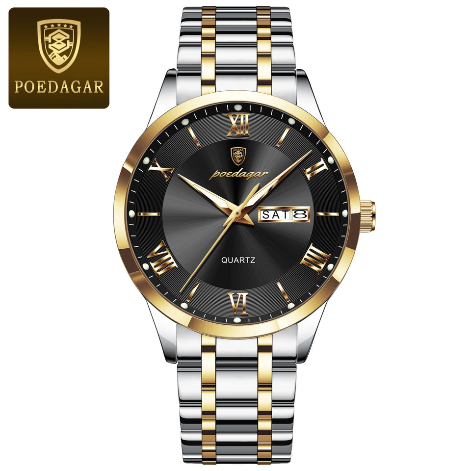 POEDAGAR Luxury Man Clock Waterproof Luminous Week Date Fashion Men's Wristwatch Stainless Steel Business Quartz Watches For Men
