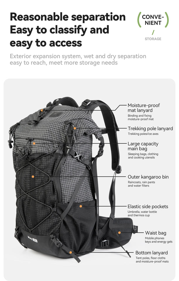Qunature Backpack Lightweight Mountaineering Hiking Backpack Outdoor Sport 30+5L Breathable Wear-resistant Waterproof Bag
