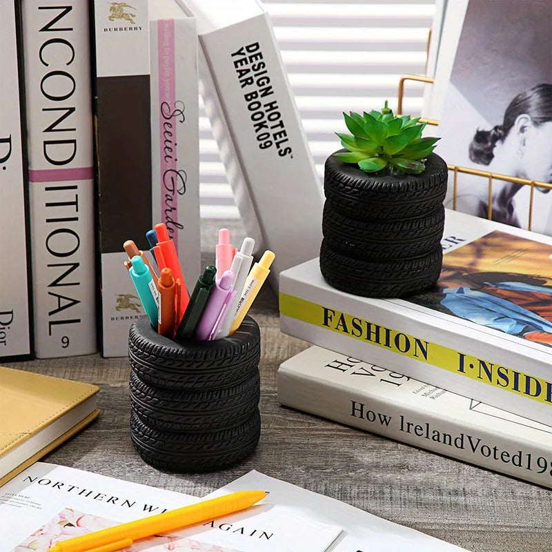 1pc Creative Tire Shaped Pen Holder School Stationery Supplies Pencil Holder Storage Bucket Unique Office Desk Organizer