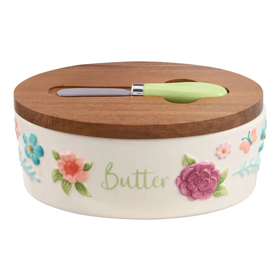Painted Meadow Butter Dish Set Acacia Wood Lid Metal Serving Knife Floral Embossed Stoneware Butter Storage Handcrafted Kitchen