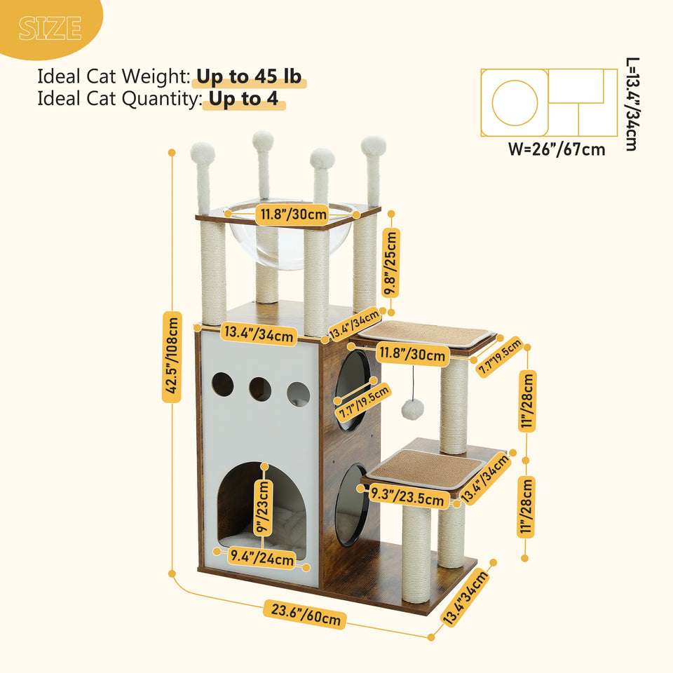 Modern Cat Tree Wooden Cat Tower with 2-Floor Condo Cat Furniture with Cat Scratching Posts Capsule Nest and Dangling Balls