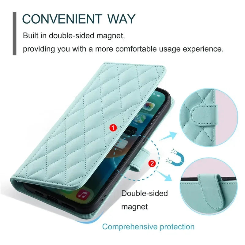 Crossbody Checkered Leather Wallet Case For Samsung Galaxy S24 Ultra S23 Plus S22 S21 FE A55 A25 A35 A15 Lanyard Flip Bag Cover