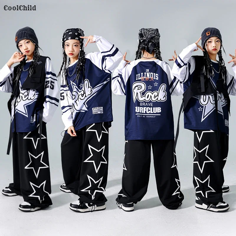 Girls Hip Hop Star Sweatshirt Vest Joggers Pants Boys Cool Streetwear Clothes Set Kids Children Jazz Street Dance K-pop Costumes