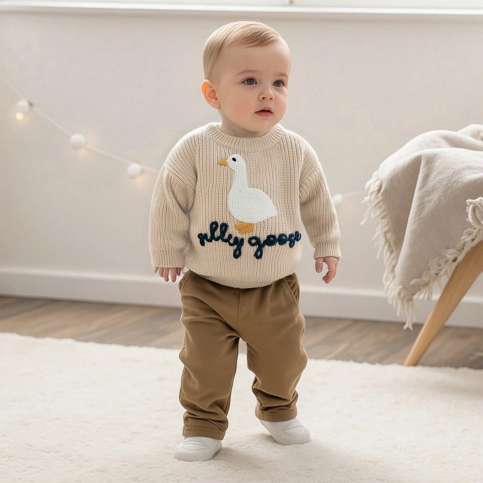 0-3T Toddler Baby Boy Girl Knit Sweater Silly Goose Embroidery Long Sleeve Knitted Sweatshirt Warm Fall Winter Clothes