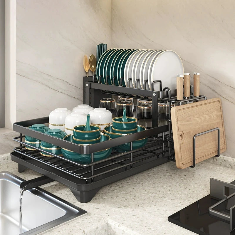 2026 Upgraded New Model - 1.5-Layer Carbon Steel Dish Rack, with Drain Tray, Commercial-Grade Tableware Storage Rack – Large Capacity, Rust-Proof, Includes Cutlery Rack and Cutting Board Rack, Suitable for Families of 4-6 P