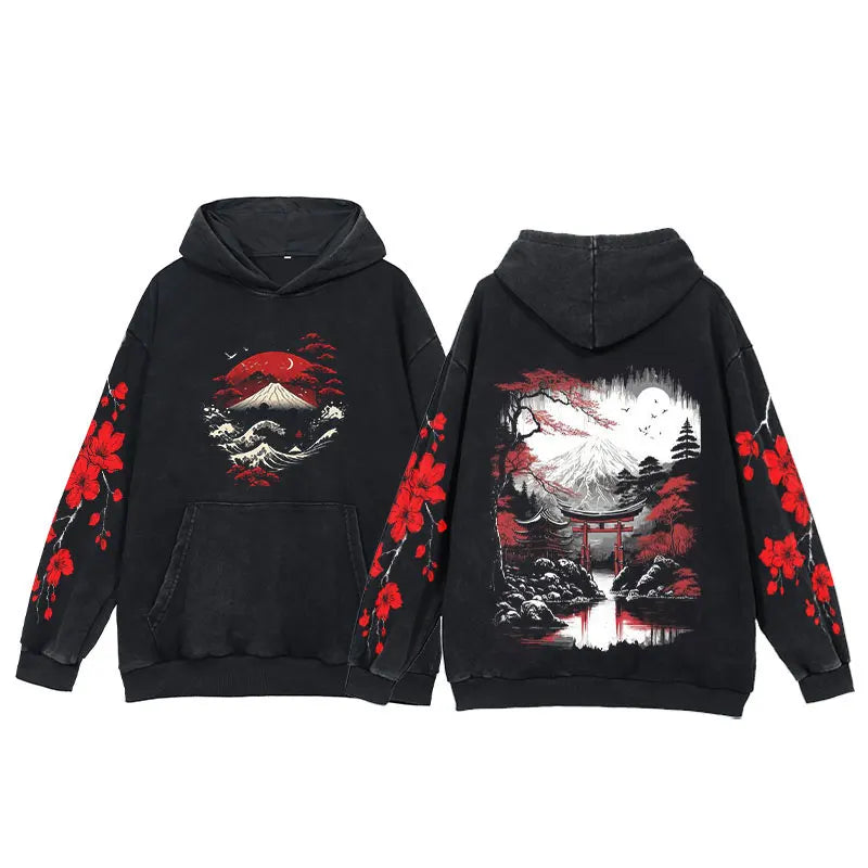 Y2K Anime Hoodies Men Ukiyoe Oversized Loose Vintage Acid Wash Hooded Sweatshirt Women Goth Harajuku Cotton Long Sleeve Pullover