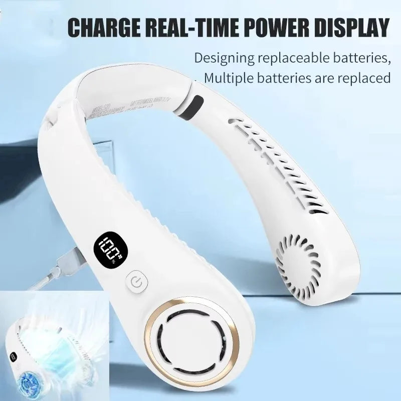 Mini Fan Silent Neck Hanging Fan Usb Portable Bladeless Rechargeable Led Digital Display Electric Air Cooler Summer Sports Fan
