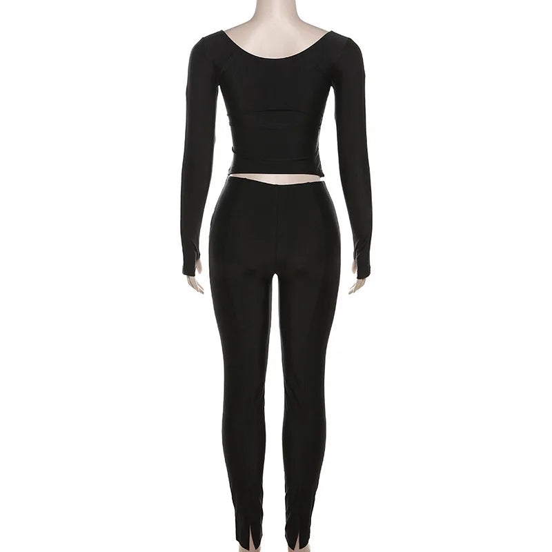 Three Sisters New Arrivals Autumn Winter Fashion Casual Home Solid Color Long Sleeve V-neck Ladies Two Piece Sets Pantsuits