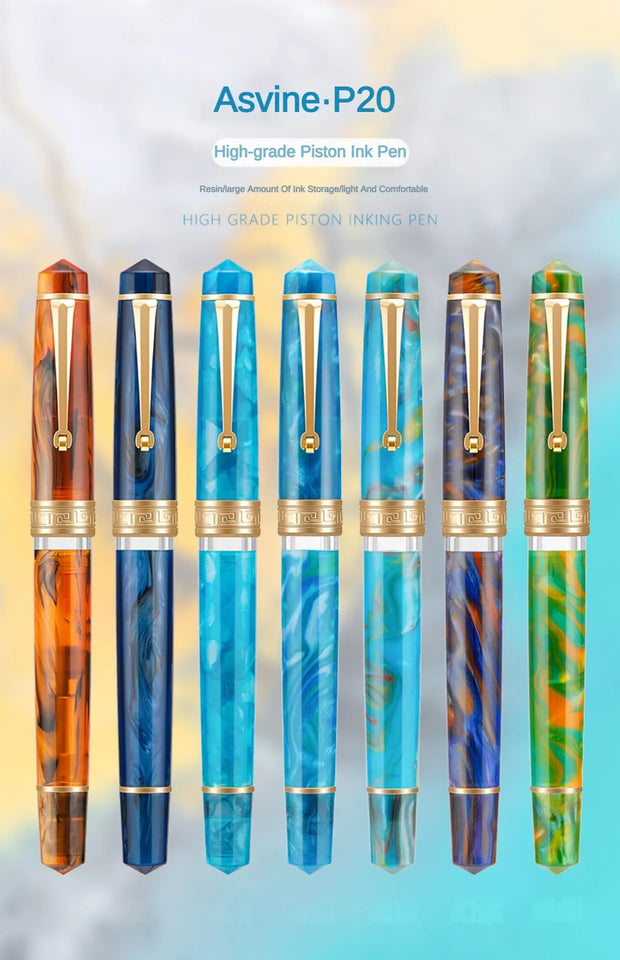 Asvine P20 Piston Fountain Pen M/F/EF Nib Galaxy Acrylic Patterns Golden Clip Smooth Writing Office School Supplies Stationery