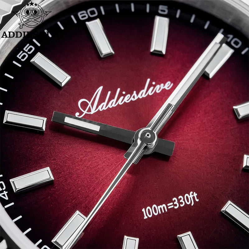 ADDIESDIVE AD2073 Men's Business Watch Sapphire Glass Stainless Steel Quartz Wristwatches Gradient Red Dial Watches Reloj Hombre