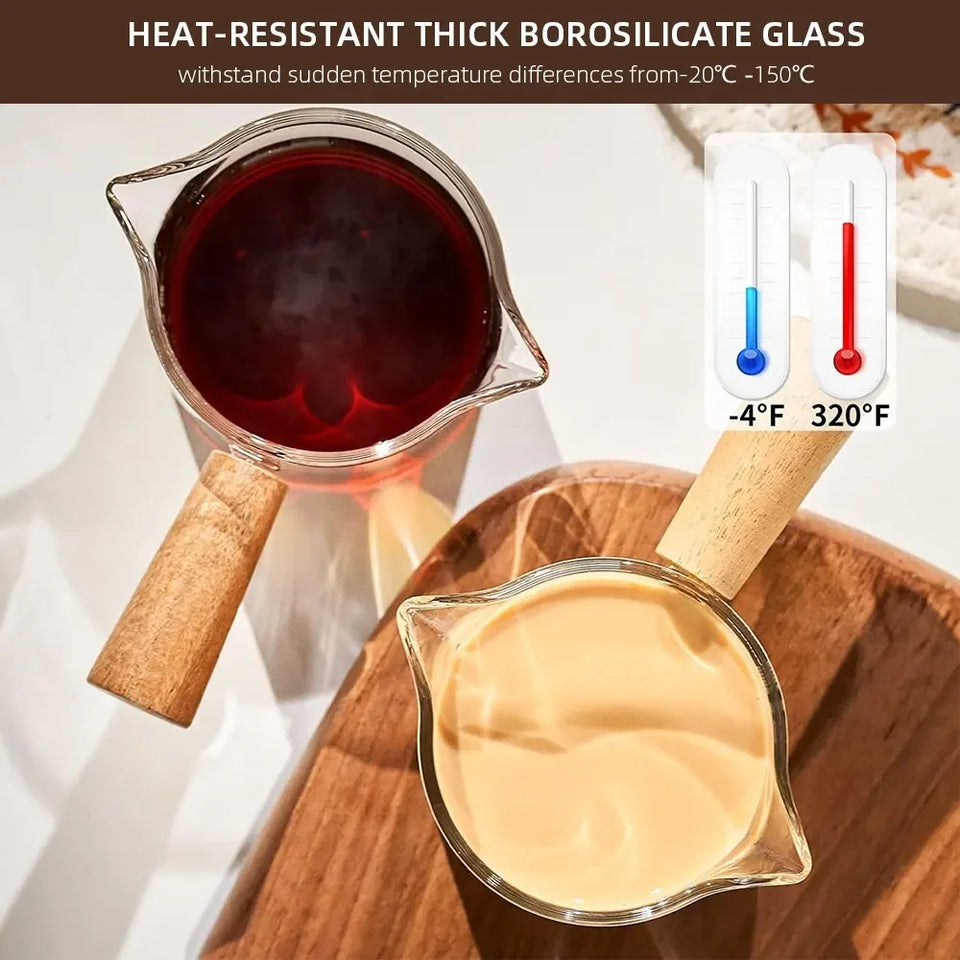 Glass Milk Cup Fine Espresso Small Glass Measuring Cup Double Spout Milk Jug Wooden Handle and Scale Coffee Latte Extraction Cup