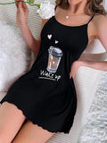 New Womens Summer Cute Coffee Letter Print Sleep Dress Spaghetti Strap Mini Cami Nightgown Lettuce Hem Contrast Trim Loungewear