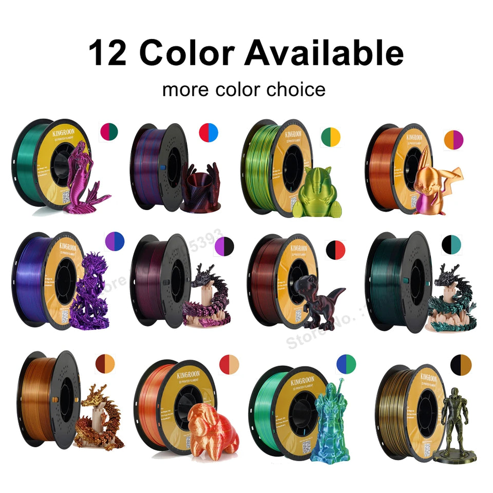 KINGROON Dual-color Silk PLA Filament 1.75mm 2 Color Coextrusion Glossy 3D Printer Filament PLA, 3kg/pack 1kg each spool