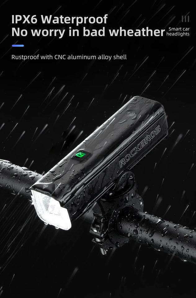 ROCKBROS Bike Light 1500LM 5000mAh Bicycle Light IPX6 Aluminum Type-C Rechargeable Smart Brightness Sense Adjust Cycling Lamp