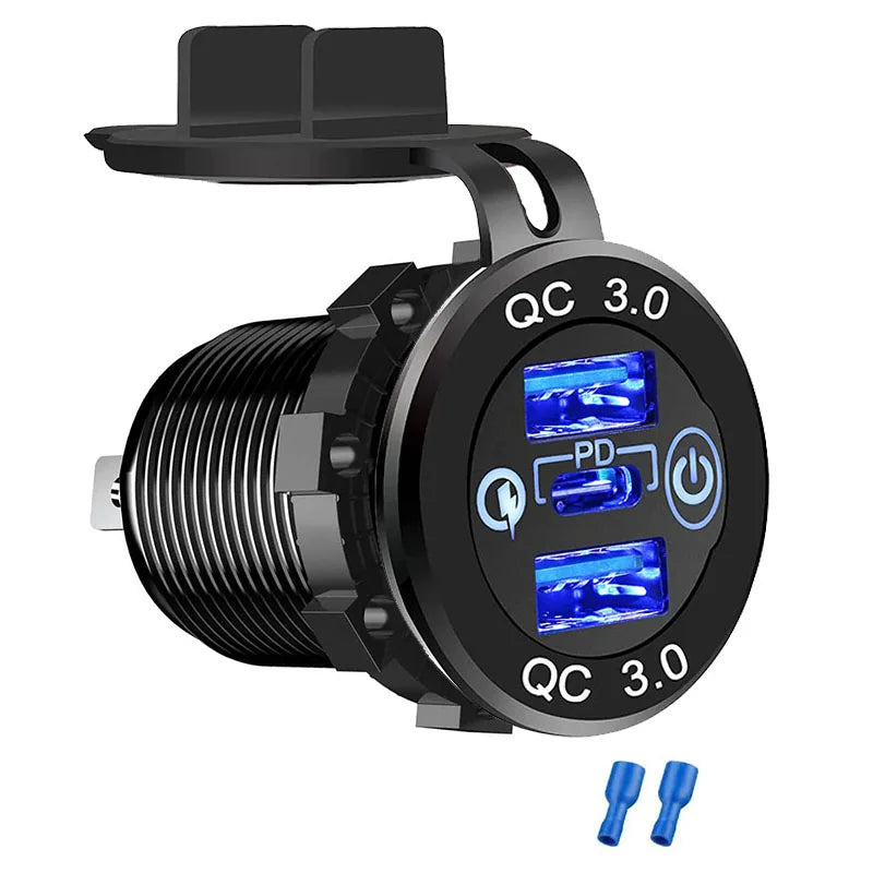 12V/24V Triple USB C Car Charger Socket USB Outlets PD & 18W QC3.0 Aluminum Metal Car Socket Adapter with Touch Switch