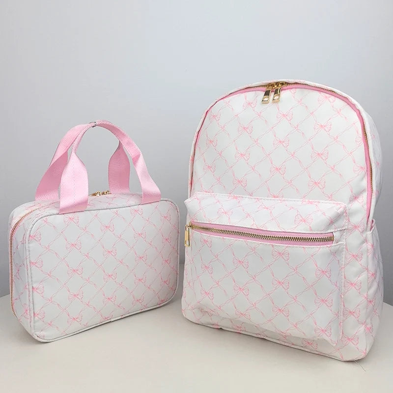 2PCS/SET Trendy Flower Bow Printing School Bag Lunch Bag Large Capacity Nylon Backpack Cute Students Insulation Ice Bento Box
