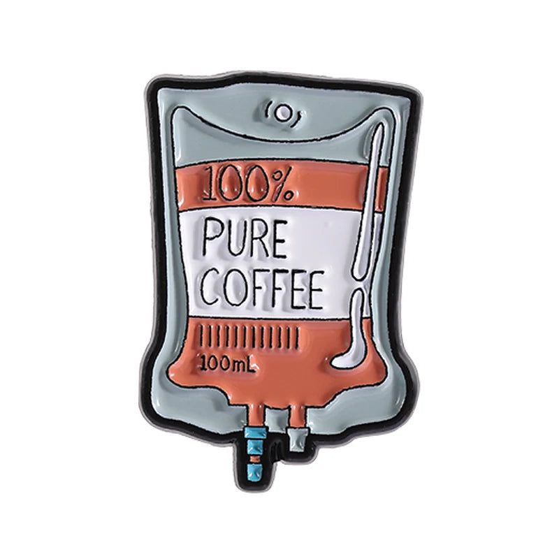 100% Pure Coffee Iv Bag For Medical Enamel Pins Creative Coffee Filling Brain Inject Coffee Brooch Clothes Lapel Badge Jewelry