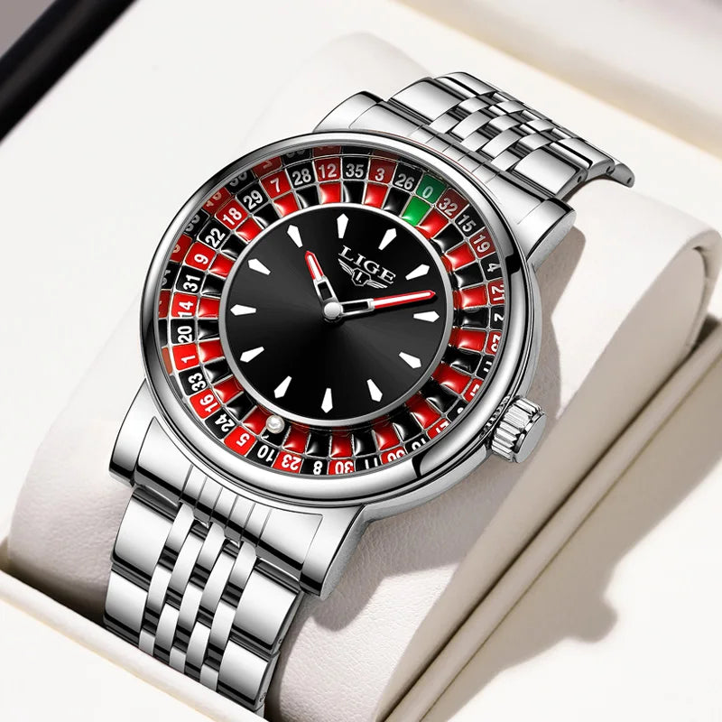 LIGE Creative Luxury Mens Watches Roulette Game Dial Fashion Mens Watch Waterproof Luminous Quartz Wristwatches Rolling Ball