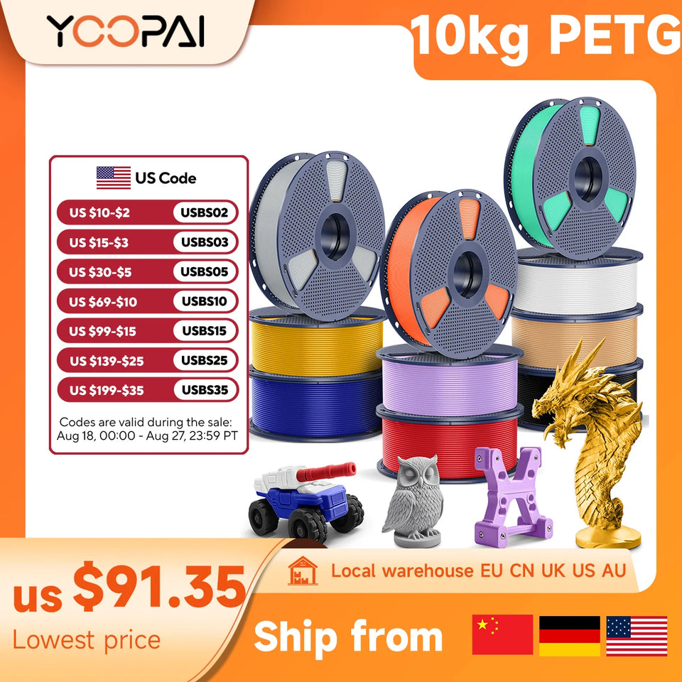 SUNLU Official Filament 10kg PETG filament 1.75mm 1kg/roll 10 Spool 3D Printer Filament PLA/PETG/Silk/ABS/TPU For Bambu Creality
