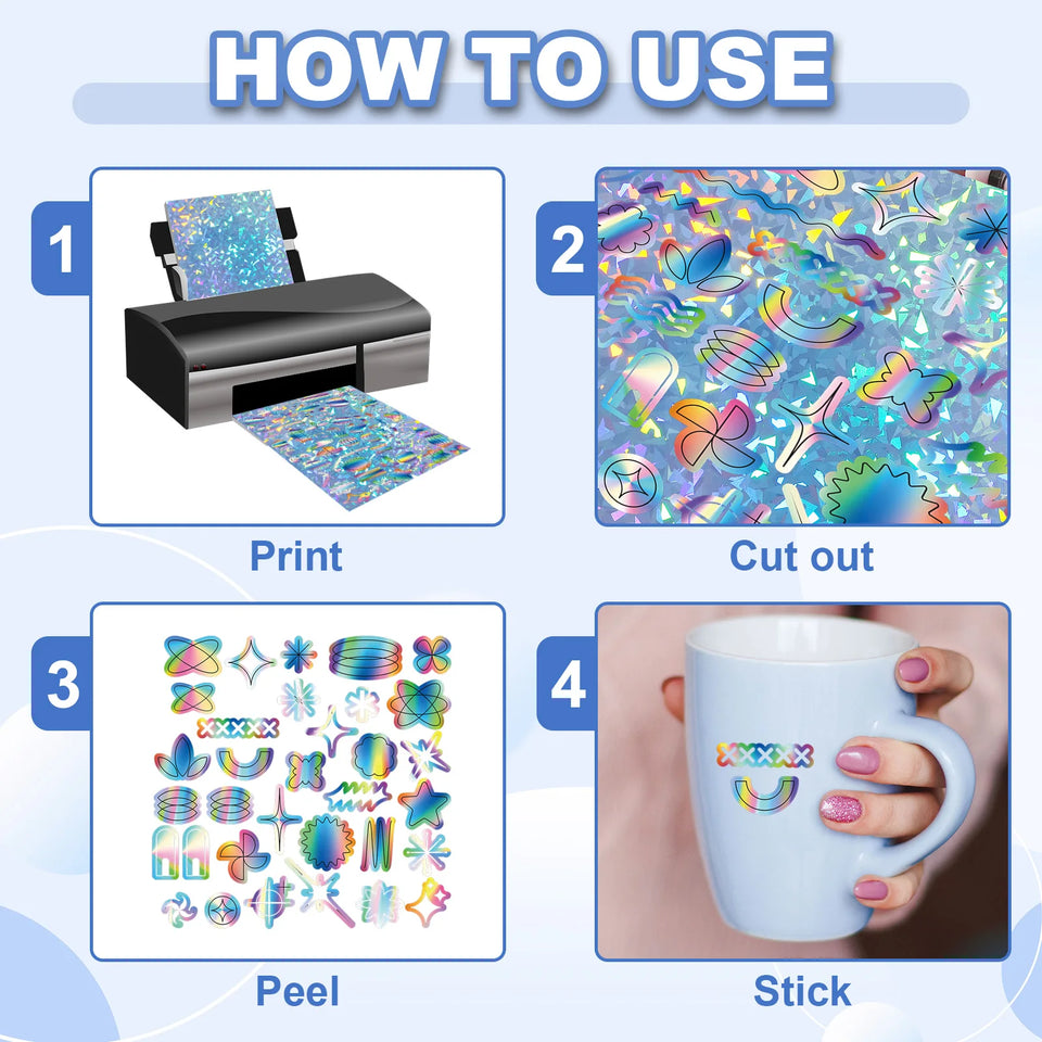 12Sheets Printable Holographic Sticker Paper Vinyl Sticker Paper A4 Waterproof Quickly Stickers for Laser Printer Inkjet Printer