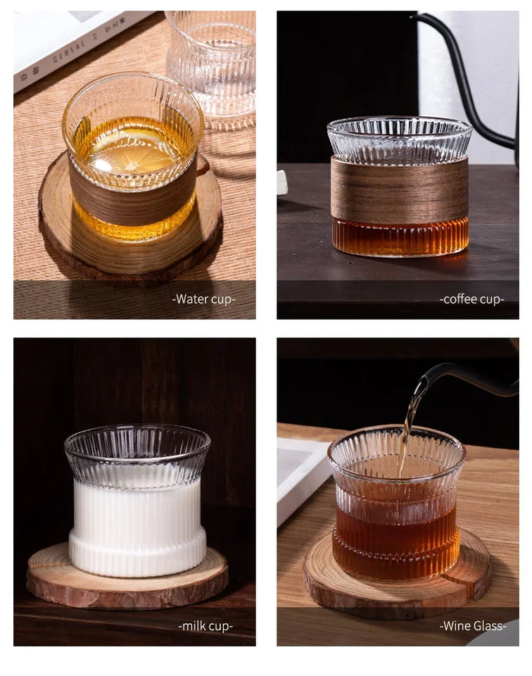 Glass Coffee Mug Japanese Style  Walnut Cup SleeveTransparent Kawaii Cup Coffeeware Beautiful Tea Mugs Beer Mug Cute Mug