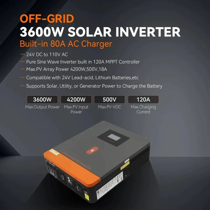 PowMr 3.6KW Solar Hybrid Inverter 120A MPPT Solar Charge 24V DC to 110VAC Pure Sine Wave Inverter Support Lifepo4 for Solar Home