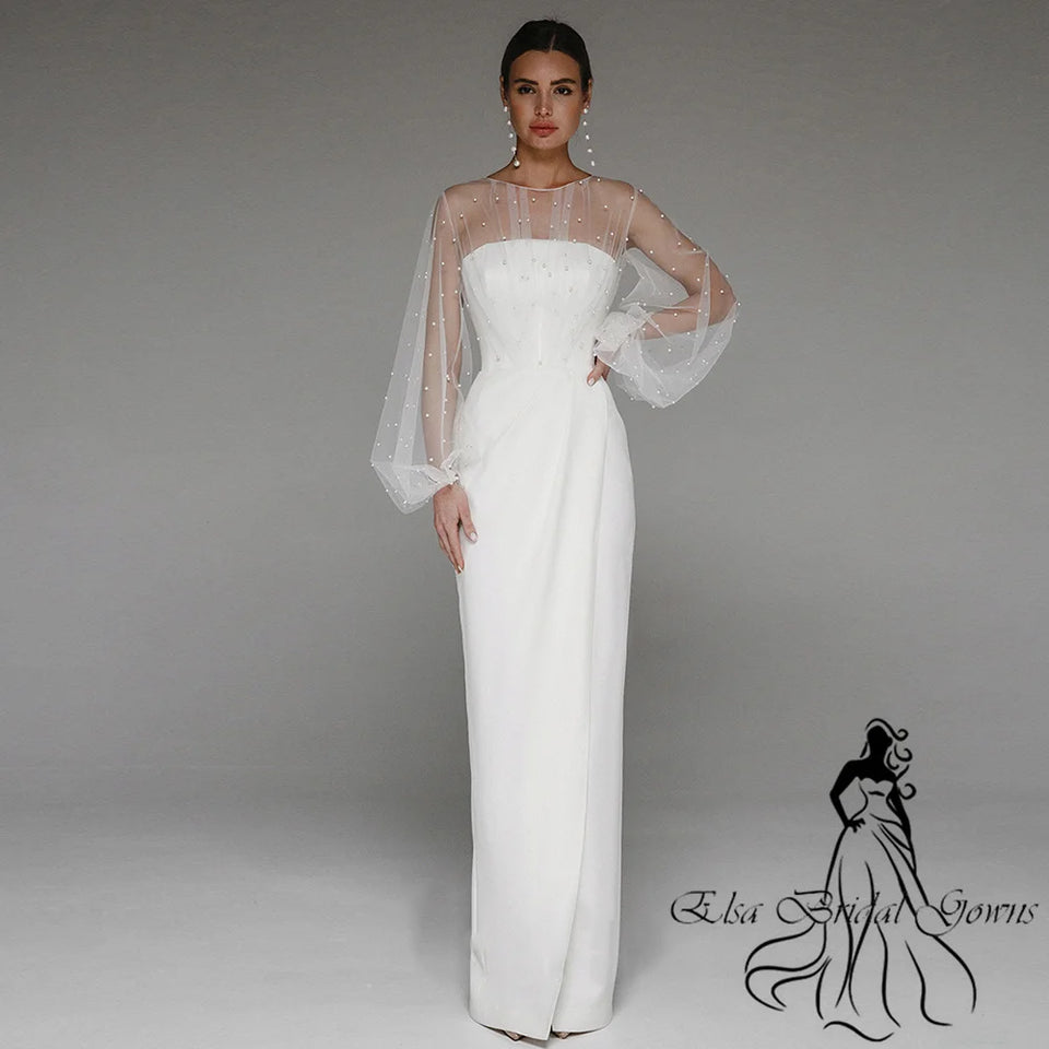 Mermaid Wedding Dresses 2025 New Arrivals O-Neck Full Sleeves Long Bride Dress Pearls Tulle Illusion Sexy Elegant Party Gowns