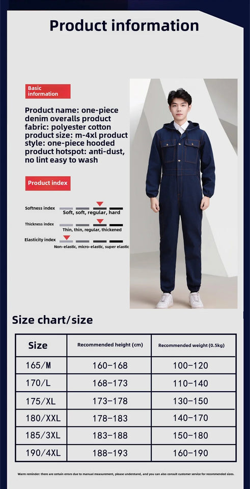 Thickened one-piece denim workwear, wear-resistant labor protection clothing, men's dust-proof auto repair crew clothing, workwe