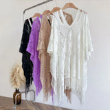 New Spring and Summer Fashion Women's Fringed Knitted Shawl Women Hollow out Solid Color Capes Knitted Pullover