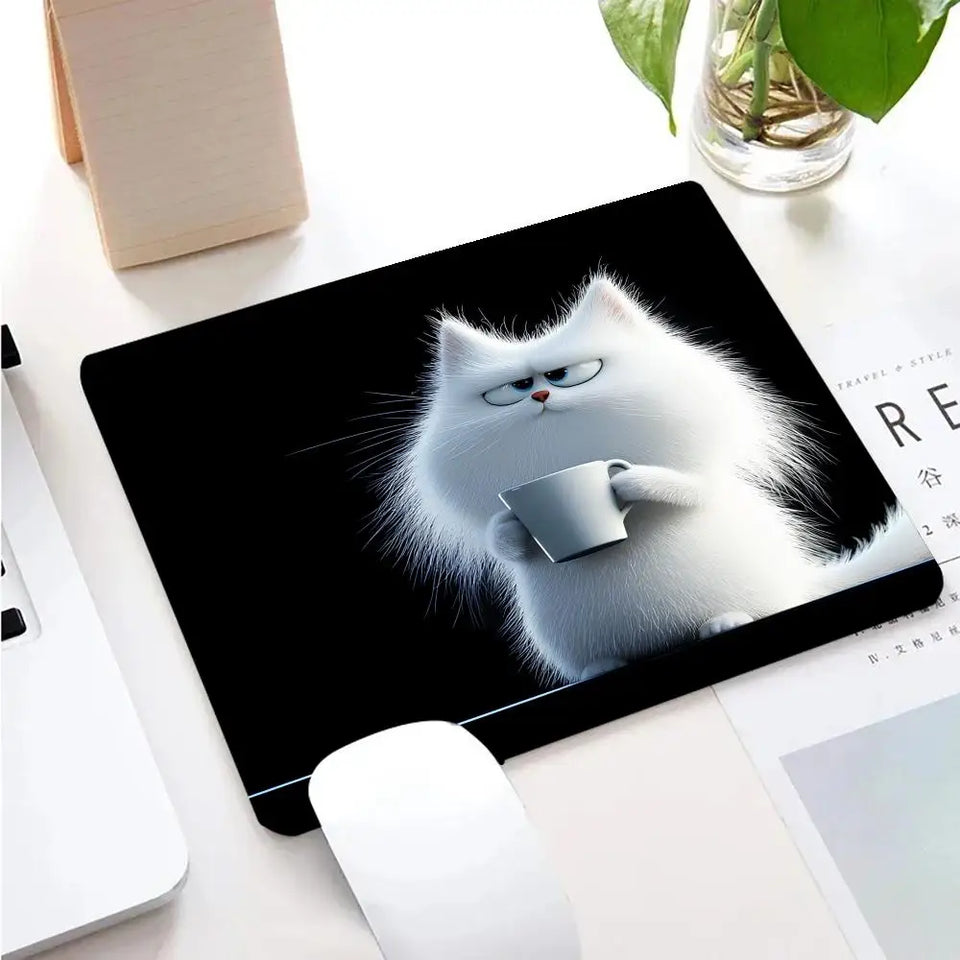 Kawaii Coffee Cat Mouse Pad Black Square Gaming Accessory Rubber Deskmats HD Non-Slip Computer Keyboard Mat New Laptop Mousepad