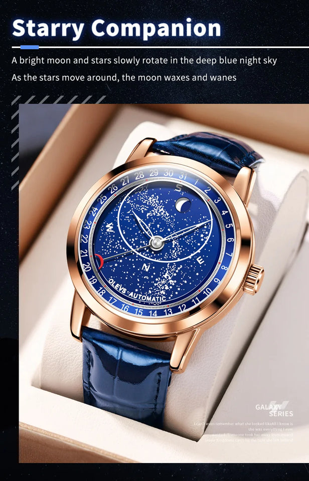 OLEVS 9923 Moon Phase Automatic Mechanical Watches for Man Fashion Leather Strap Waterproof Starry Sky Blue Luxury Men's Watches