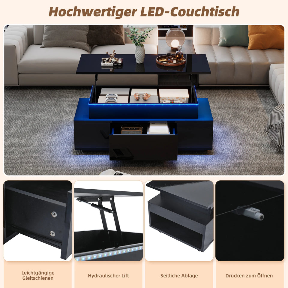 KOMHTOM Black height adjustable coffee table high gloss coffee table with hidden storage, drawer and LED lighting