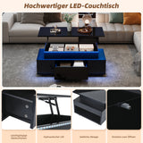 KOMHTOM Black height adjustable coffee table high gloss coffee table with hidden storage, drawer and LED lighting