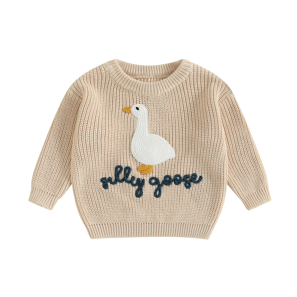 0-3T Toddler Baby Boy Girl Knit Sweater Silly Goose Embroidery Long Sleeve Knitted Sweatshirt Warm Fall Winter Clothes
