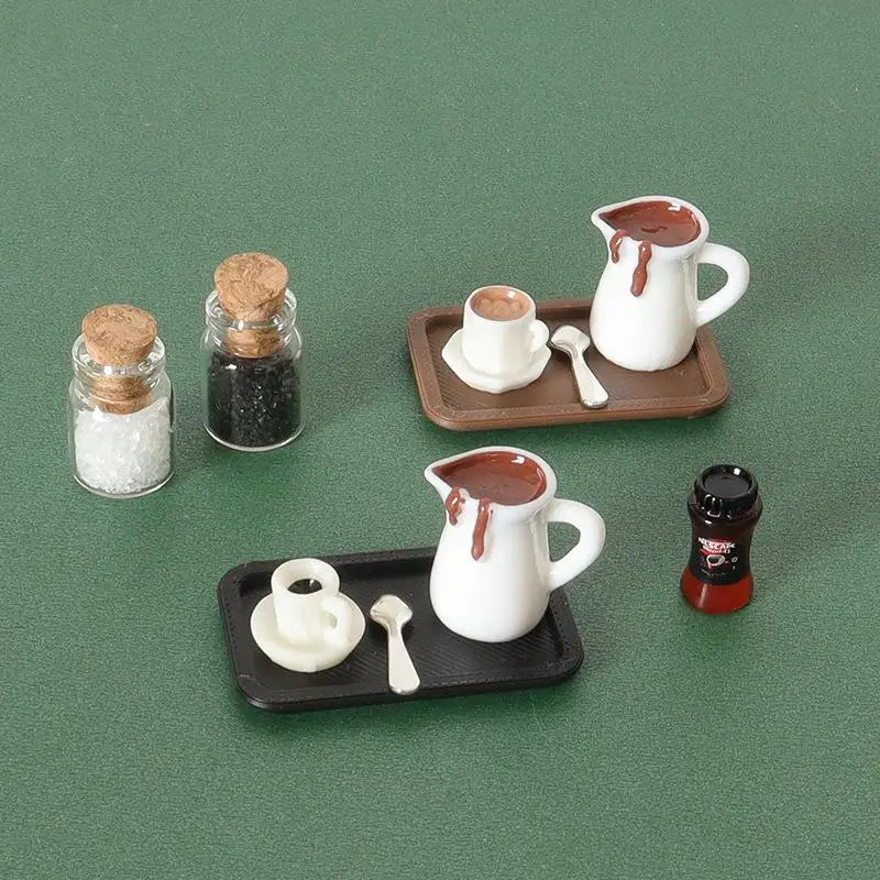 Handcrafted 7Pcs Miniature Dollhouse Coffee Cup Scene Model with Tray Plate, Perfect for Desktop Decoration
