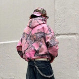 Y2K Retro Zip Up Hoodie Pink Branch Camo Print Pattern Sweatshirt Streetwear Harajuku Trendy Casual Camouflage Unisex Boxy Coat