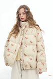 ELFSACK 2025 Winter New Arrivals Y2K Sweet Cute Solid Rose Bow Graphic Hoodless Half High Stand Collar Short Down Jacket For Wom