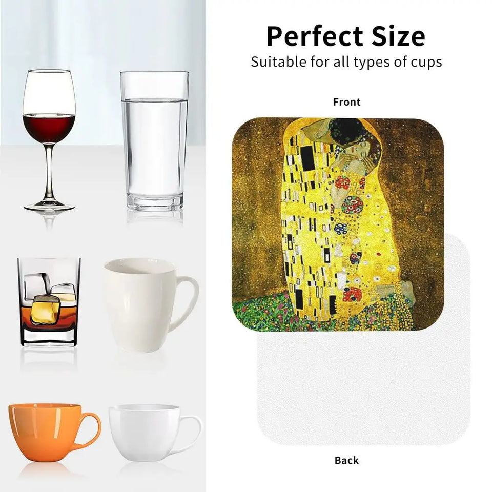 The Kiss By Gustav Klimt Coasters Kitchen Placemats Non-slip Insulation Cup Coffee Mats For Decor Home Tableware Pads Set of 4